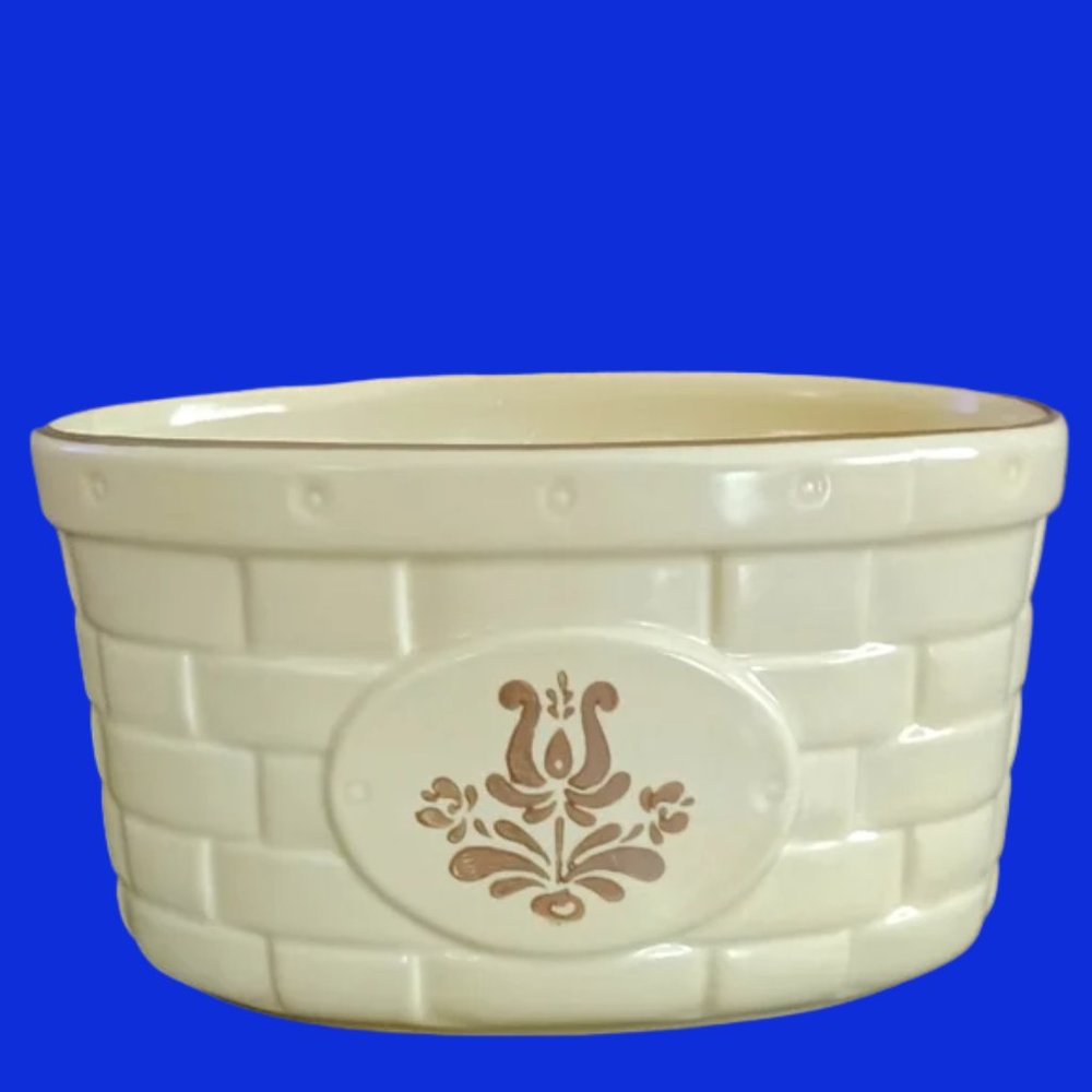 Pfaltzgraff Village Pattern Cream & Tan Ceramic Flower Basket